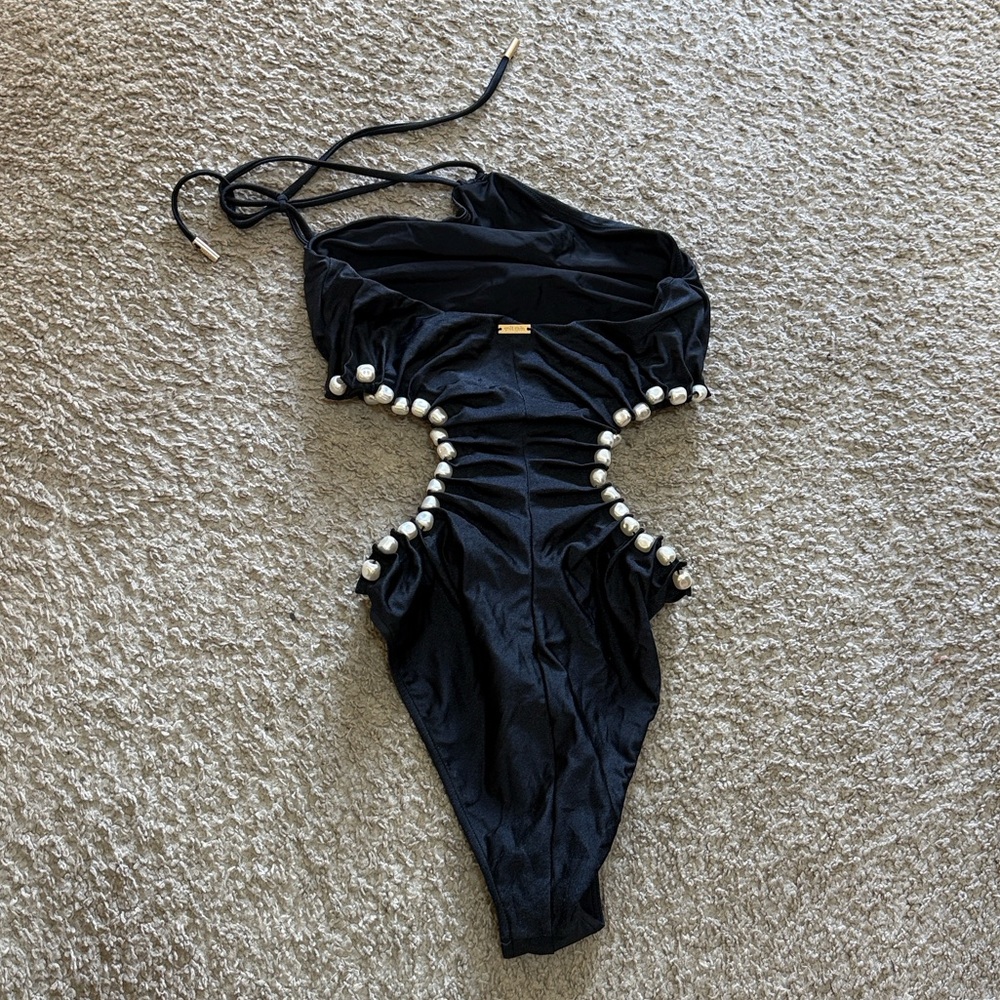 CULT GAIA Sibel One Piece Swimsuit Black Halter with Pearl Details Small - Picture 11 of 11
